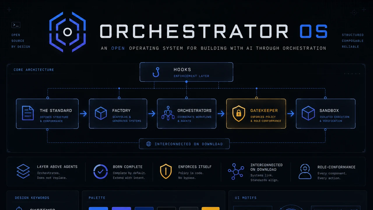 Orchestrator OS spec sheet showing the title, hexagon logo, and core architecture row.